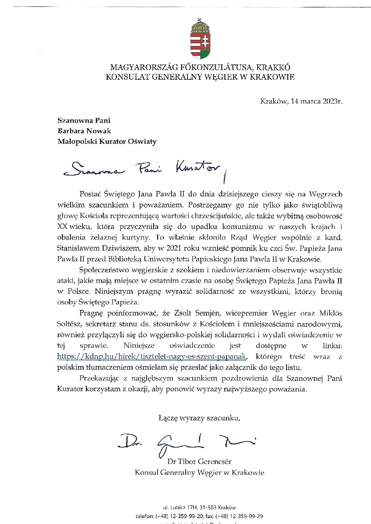 List Konsula Węgier w Krakowie