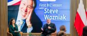 kadr ze spotkania Steve Wozniak i Justyna Orłowska prowadząca rozmowę