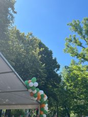 Zielone, białe i pomarańczowe balony na tle drzew i bezchmurnego nieba.