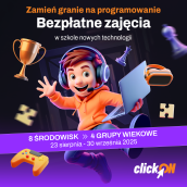 Plakat projektu „clickON - zamień granie na programowanie".