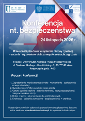 Plakat konferencji „Rola szkół i placówek w systemie obrony cywilnej – zadania i wyzwania w obliczu współczesnych zagrożeń”. Termin: 24 listopada 2025 r. o godzinie 9:00. Miejsce: Akademia Frycza Modrzewskiego w Krakowie.