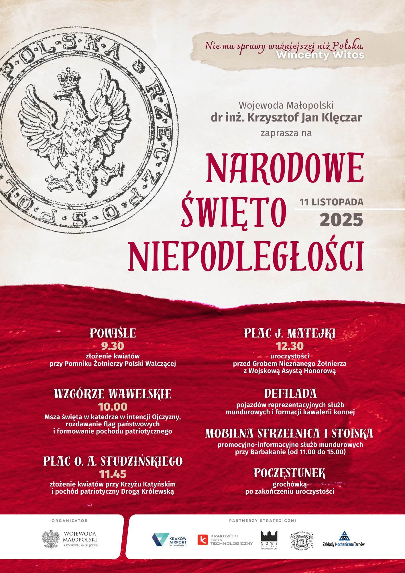 Wojewoda małopolski Krzysztof Jan Klęczar zaprasza na obchody Narodowego Święta Niepodległości w Krakowie