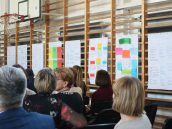 Efekty pracy nauczycieli, którzy wzięli udział w warsztatach. Prace zostały przedstawione na sali, w której odbywało się wydarzenie.