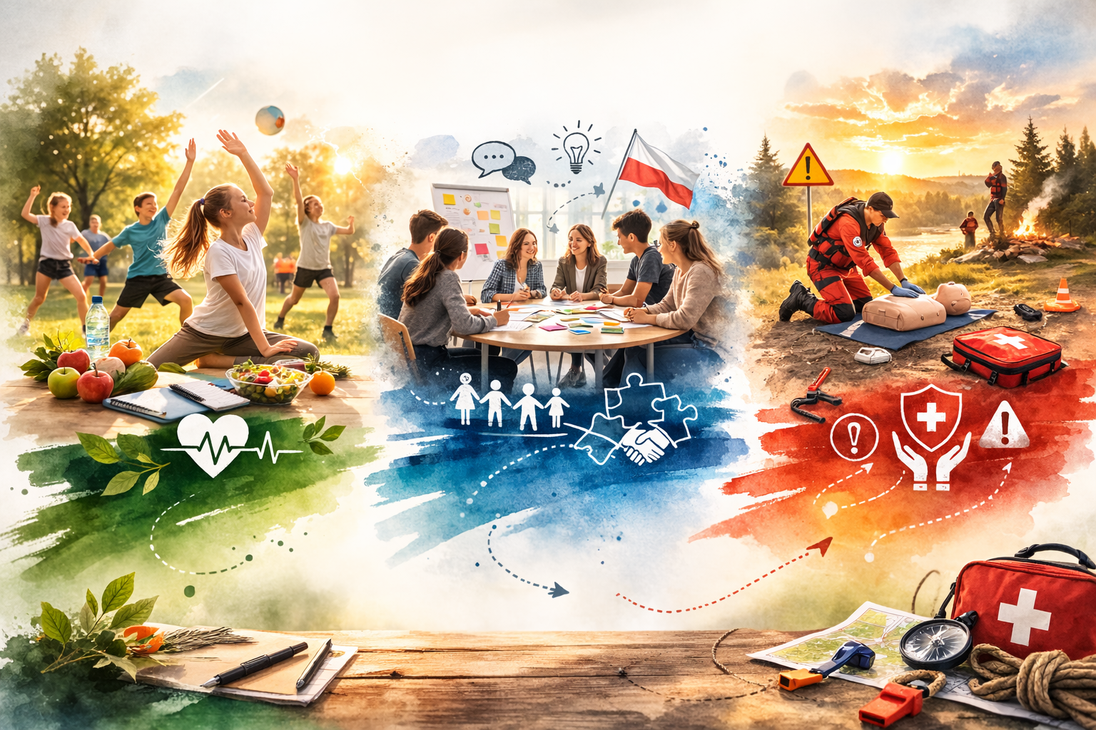 Zintegrowane podejście do edukacji, łączące promocję zdrowia, współpracę obywatelską i działania na rzecz bezpieczeństwa w jednej spójnej kompozycji. Obraz wygenerowany przez AI przedstawia zintegrowane podejście do edukacji, łączące promocję zdrowia, współpracę obywatelską i działania na rzecz bezpieczeństwa w jednej spójnej kompozycji.