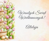 Kartka wielkanocna z ilustracją po lewej stronie przedstawiającą wiklinowe koszyki z kolorowymi pisankami oraz wiosenne kwiaty, głównie tulipany. Po prawej stronie widnieje napis ozdobną czcionką: „Wesołych Świąt Wielkanocnych!” oraz poniżej „Alleluja”. Tło jest jasne, z delikatnymi pastelowymi akcentami.