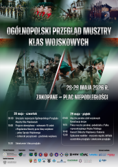 Plakat Ogólnopolskiego Przeglądu Musztry Klas Wojskowych. Data: 28-29 maja 2026 r. Miejsce: Plac Niepodległości w Zakopanem. Poniżej ramowy program wydarzenia.