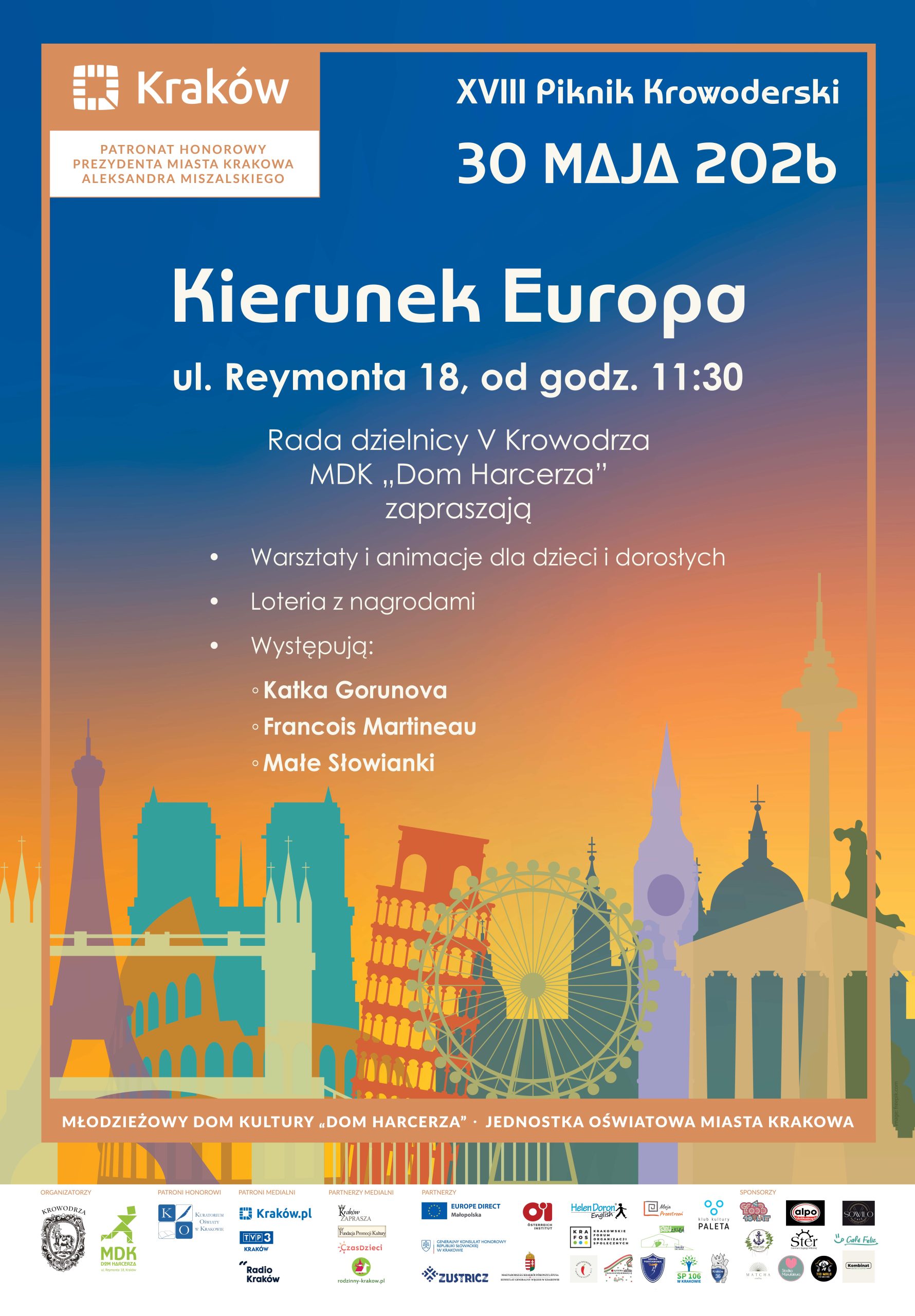 plakat pikniku krowoderskiego z zarysem zabytków charakterystycznych dla Krakowa