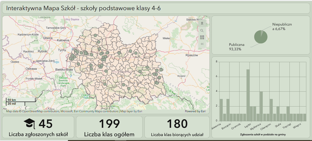 Mapa Szkół - szkoły podstawowe klasy 4-6 Mapa obrazująca teren województwa małopolskiego z podziałem na powiaty z naniesioną lokalizacją szkół podstawowych klasy 4-6 biorących biorących udział w Kampanii „Ustal z Babcią Hasło”