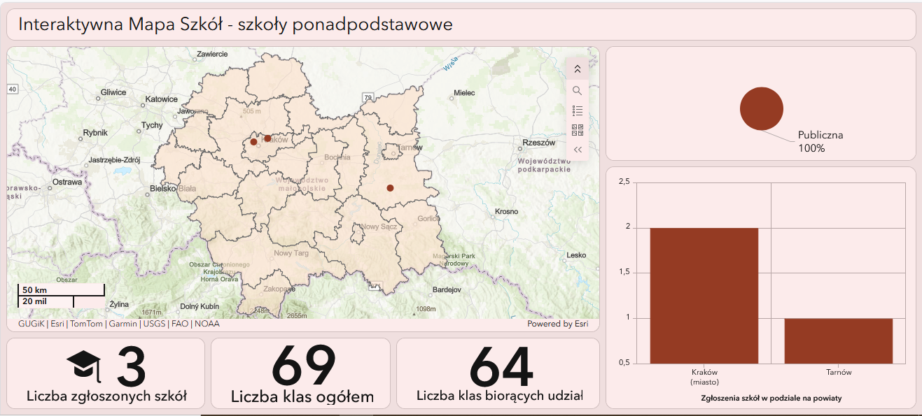 Mapa Szkół - szkoły ponadpodstawowe Mapa obrazująca teren województwa małopolskiego z podziałem na powiaty z naniesioną lokalizacją szkół ponadpodstawowych biorących biorących udział w Kampanii „Ustal z Babcią Hasło”