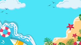 grafika do artykułu przedstawia wakacyjną grafikę z programu Canva związaną z morzem, znajdują się na niej chmury, fale, koło ratunkowe, piłka plażowa, piasek i rozgwiazdy. 