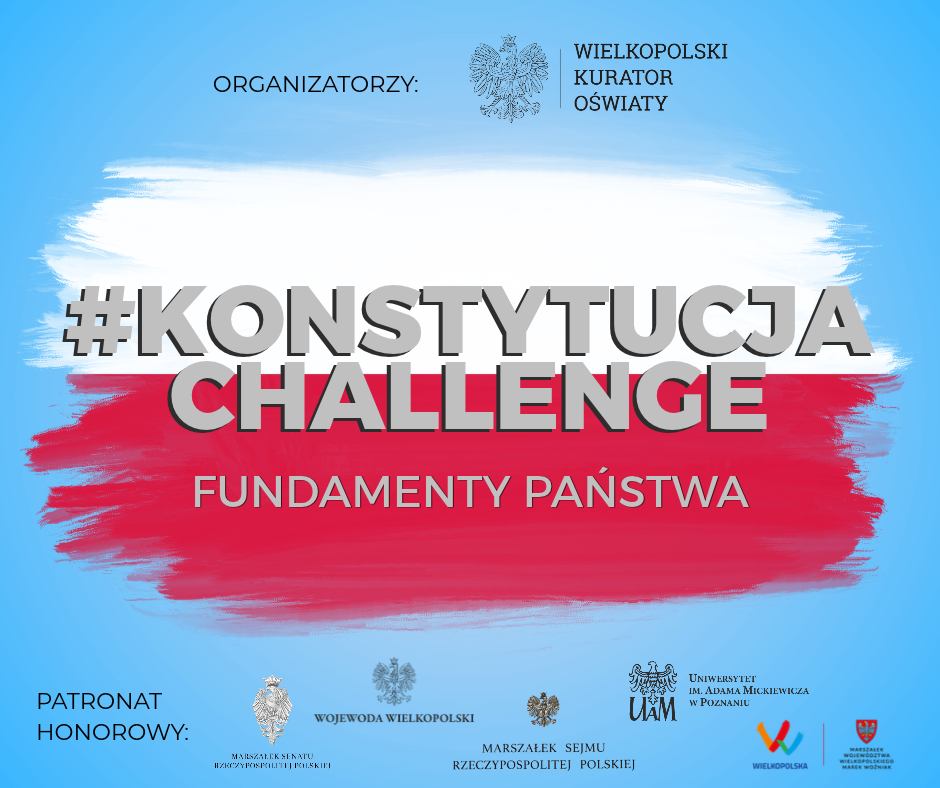 Plakat z tytułem konkursu na tle biało-czerwonej flagi.