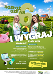 Plakat informacyjny ogólnopolskiego konkursu Rozłóż OZE na 6 i wygraj! skierowanego do uczniów szkół podstawowych z klas IV–VII.