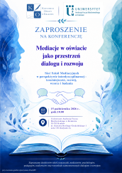 Grafika w górnej części przedstawia logo organizatorów: Kuratorium Oświaty w Krakowie i Uniwersytetu Andrzeja Frycza Modrzewskiego w Krakowie. Po bokach zaproszenia widać dwie sylwetki twarzy, dłonie w geście porozumienia oraz otwartą książkę.